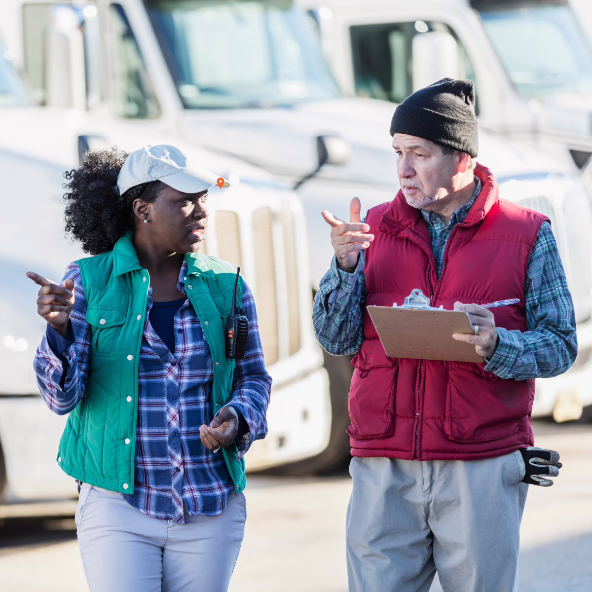 Auto Liability Ten Four Truck Insurance Fleet Coverage Two Drivers Female truck driver and male truck driver walking in front of a row of white semi trucks