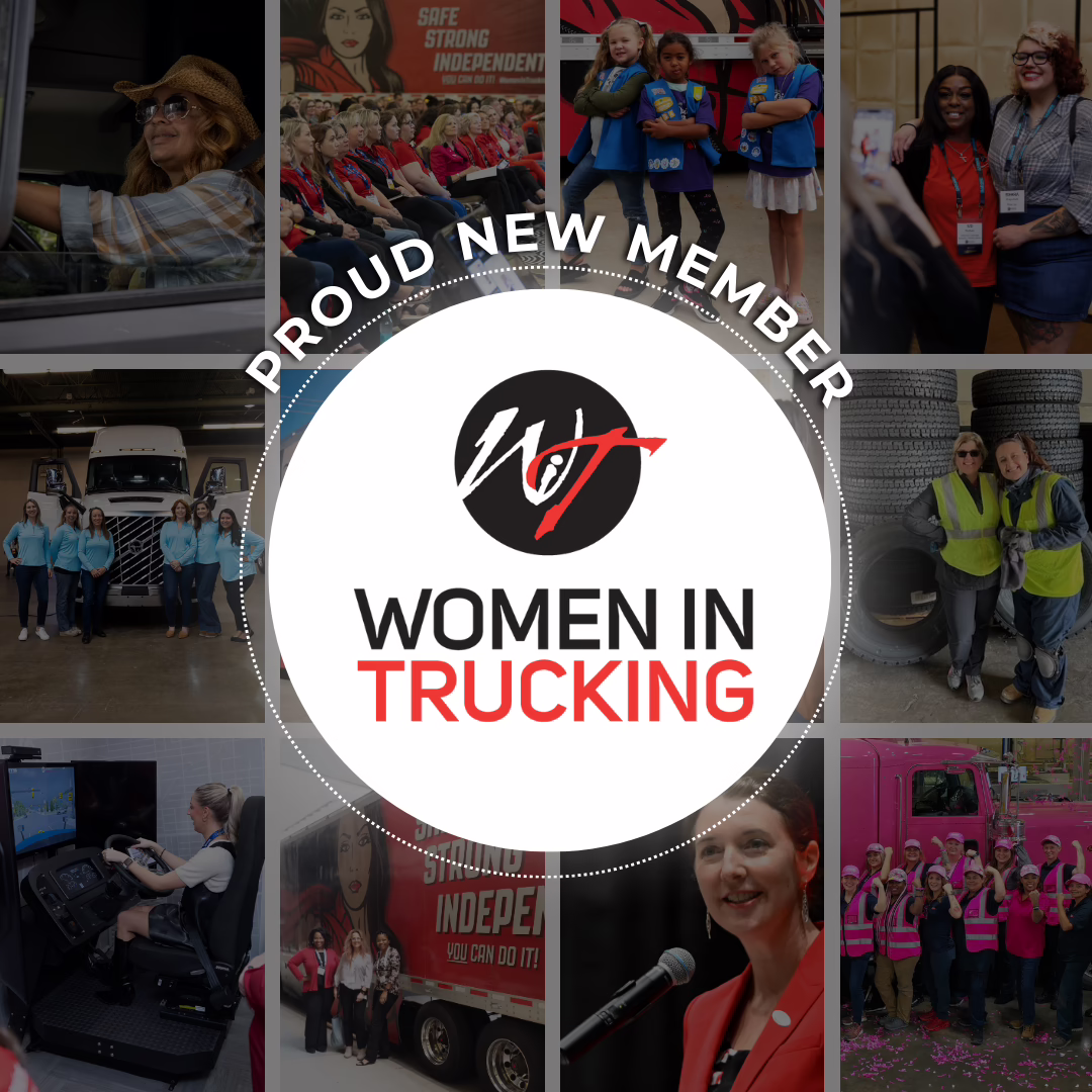 Collage of Women in Trucking photos, organization logo and text Proud New Member Women in Trucking