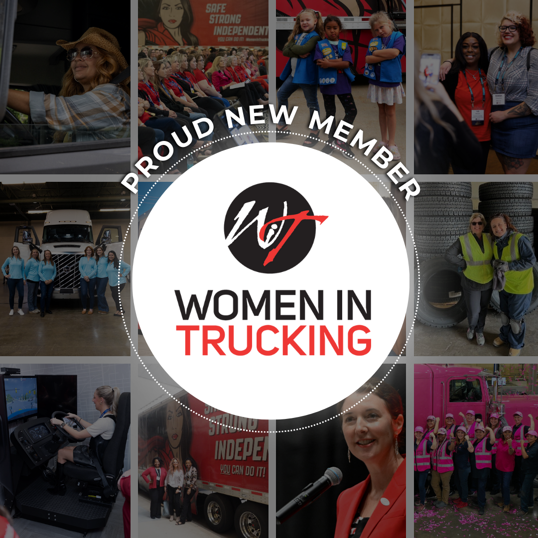 Collage of Women in Trucking photos, organization logo and text Proud New Member Women in Trucking