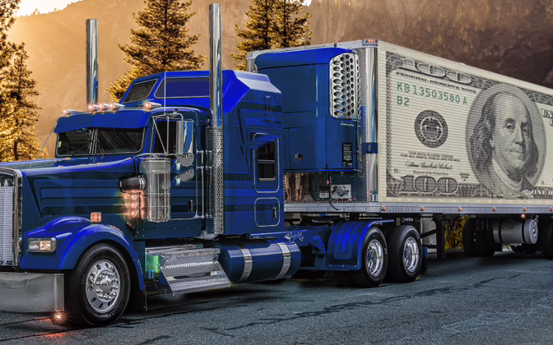 Semi truck and trailer with image of $100 bill on side of trailer